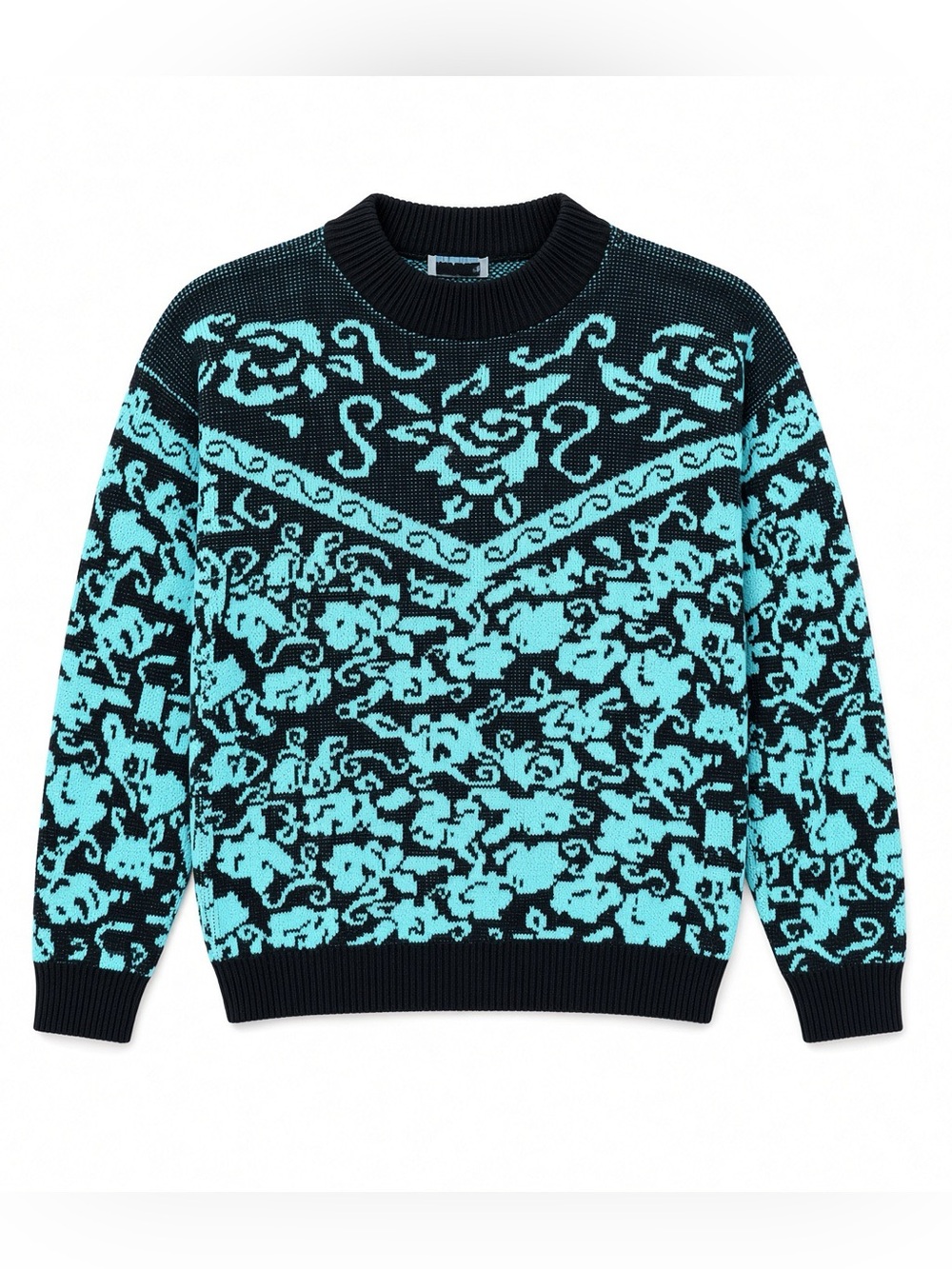 Women's Black & Aqua Jacquard Crewneck Sweater